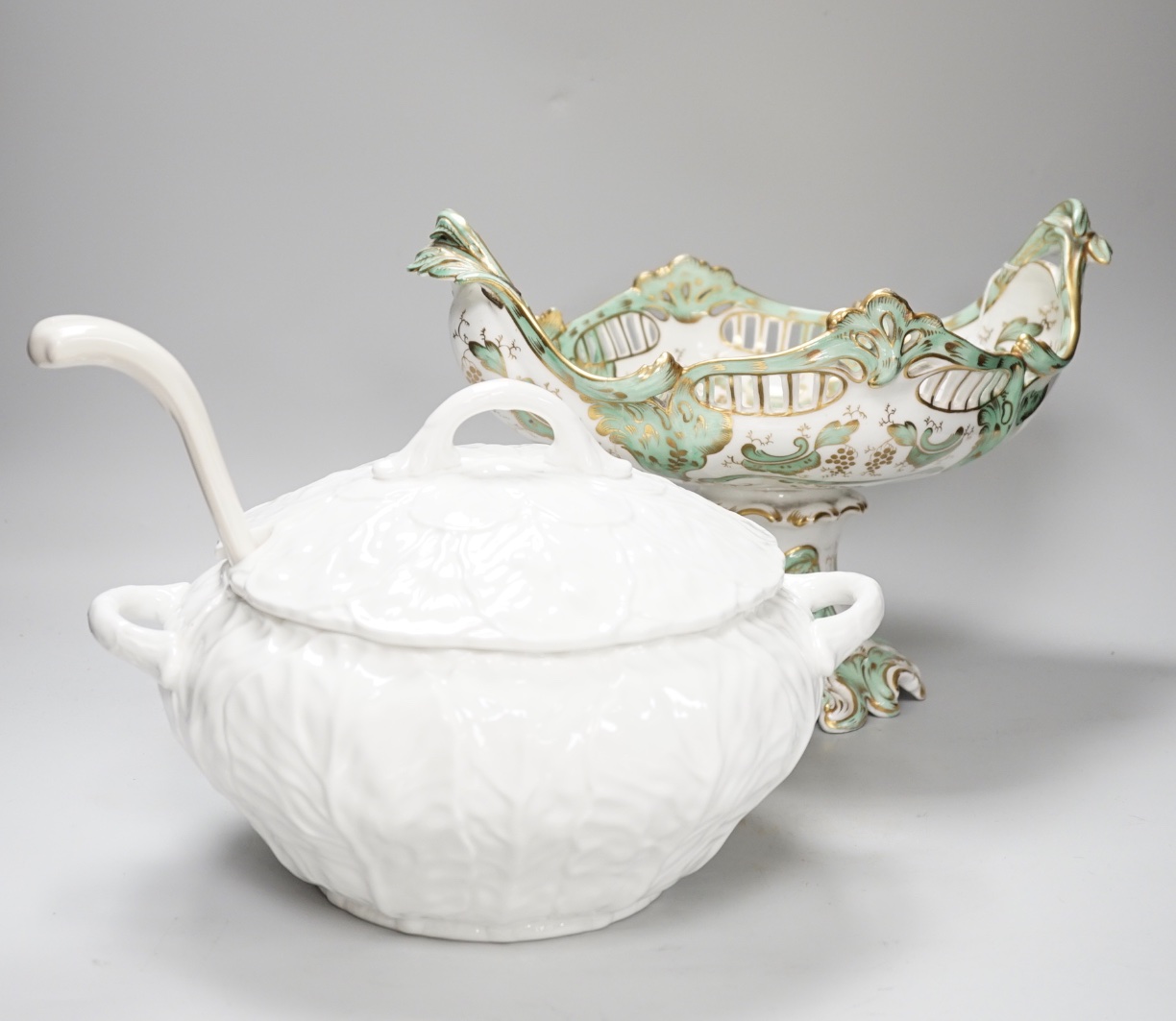 A Coalport tureen, similar ladle and a Victorian pedestal bowl or centrepiece, the largest 35cm wide